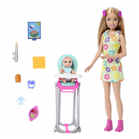 BARBIE SKIPPER NIÑERA CON BEBE Y TRONA